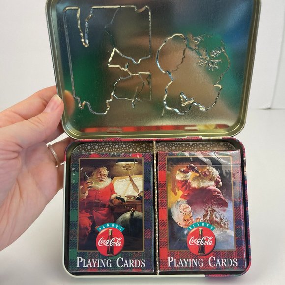 Vtg 1997 Coca Cola Santa Christmas Hinged Tin with 2 Sealed Decks Playing Cards - Picture 4 of 10